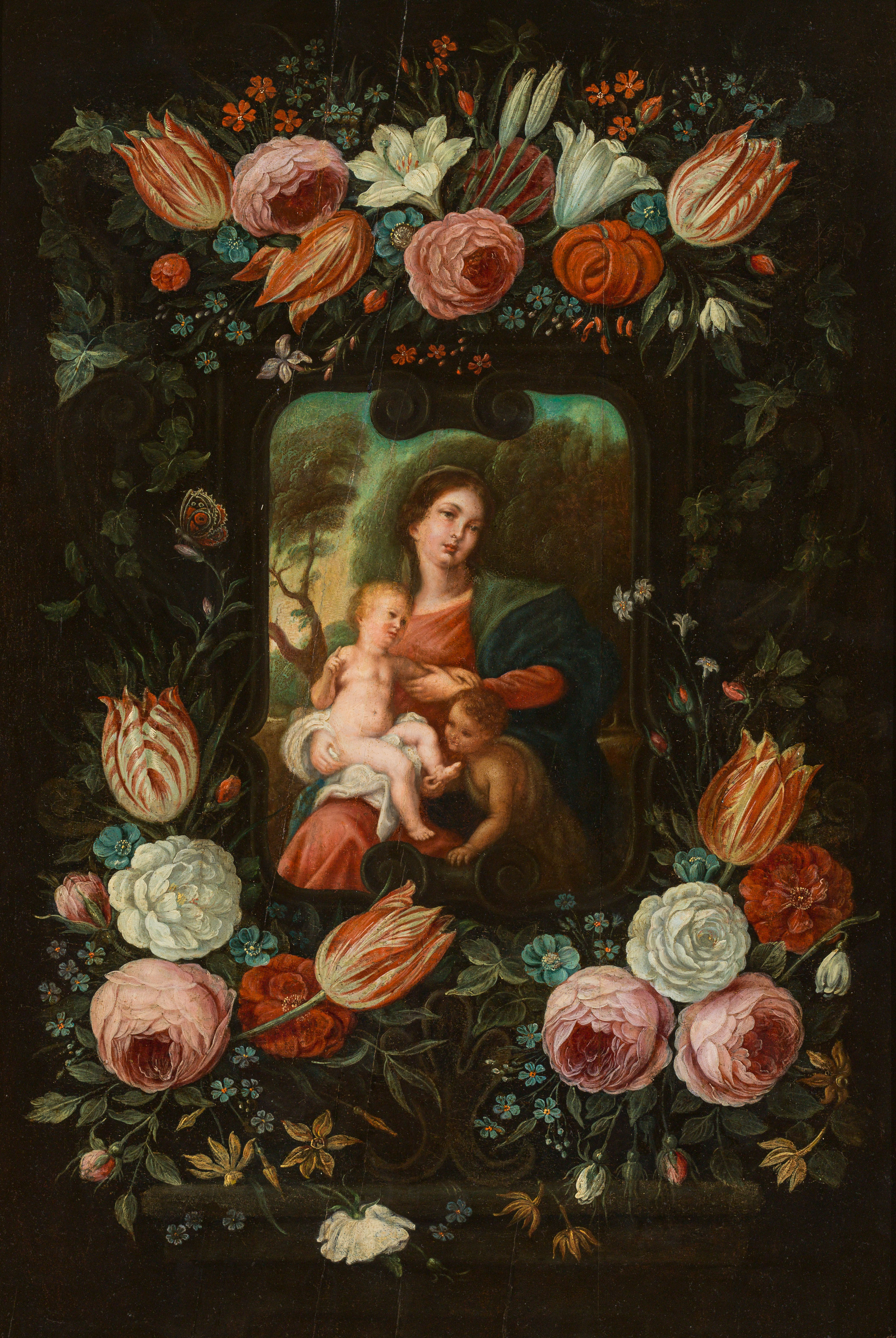 Jan van Kessel the Elder: Flower cartouche around Mary with Jesus and John