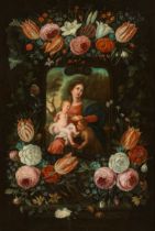 Jan van Kessel der Ältere: Blumenkartusche um Maria mit Jesus und Johannes