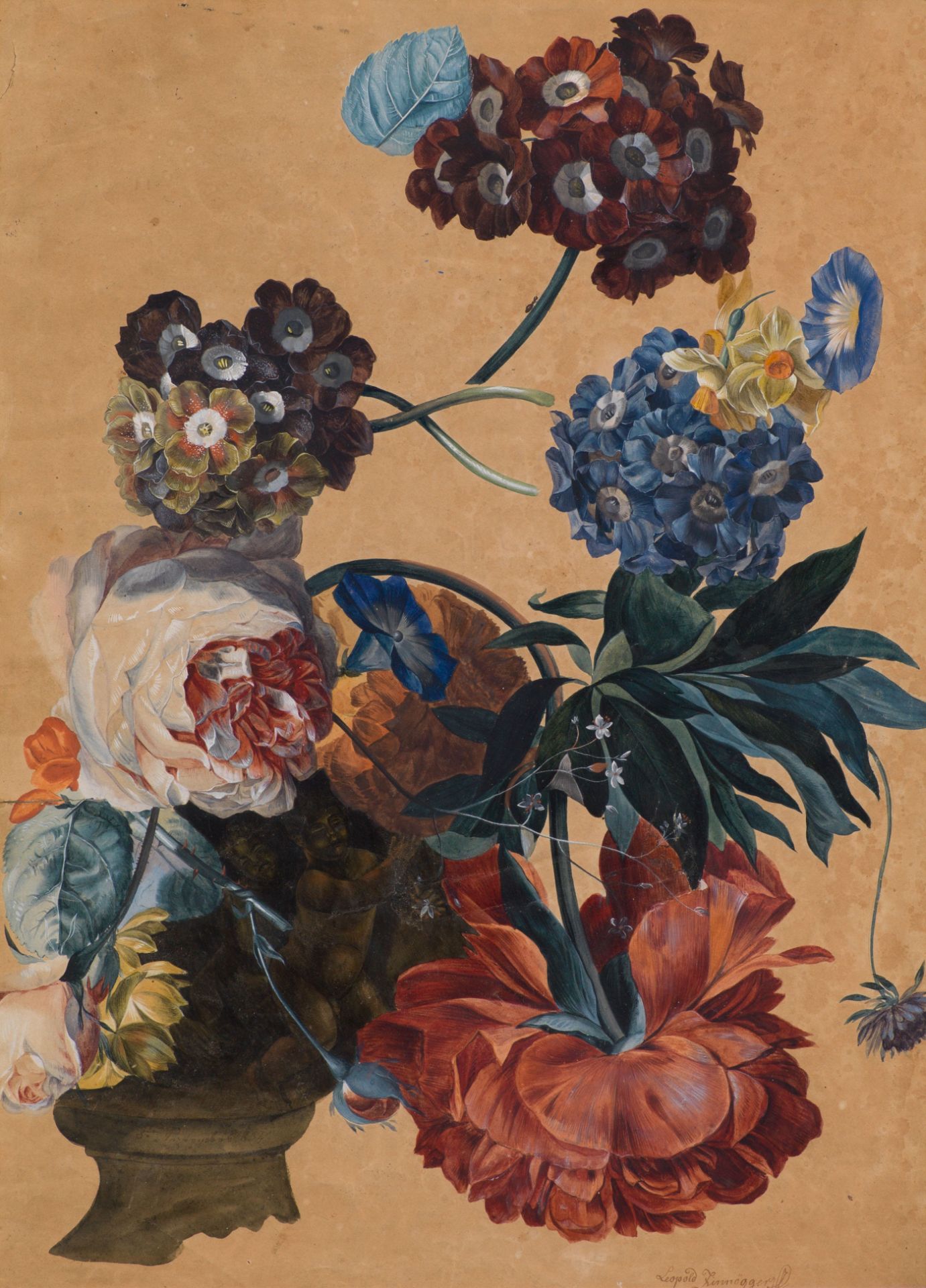 L. Zinnögger: Blumenstudie mit Rosen, Pfingstrosen und Primeln