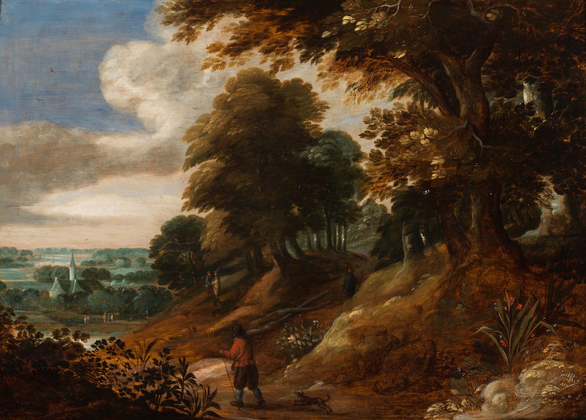 Dutch School: Forest landscape with hikers