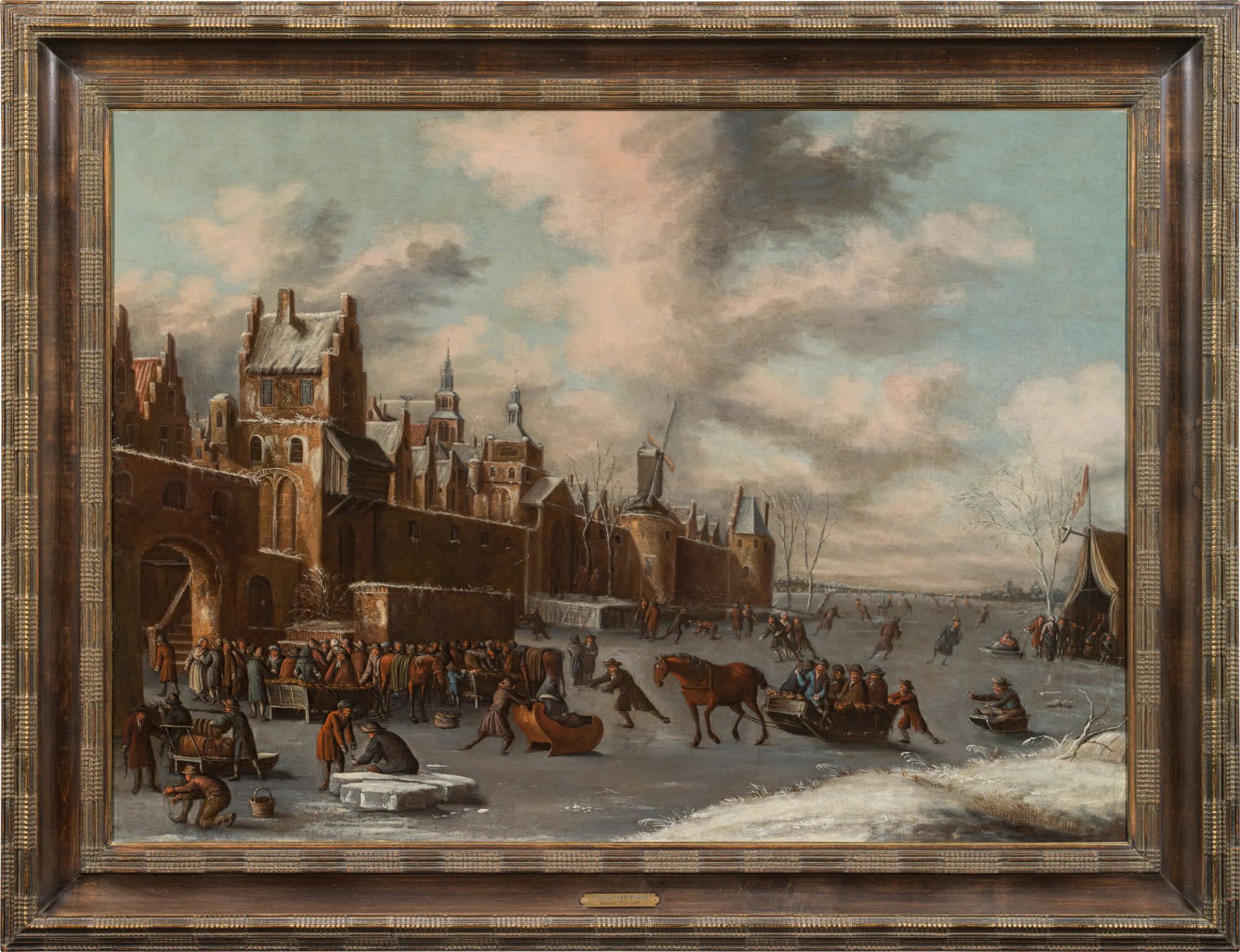 Attributed to Thomas Heeremans : Amusement on the ice in front of a city - Image 2 of 2