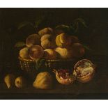 Spanish School: Still life with quinces, peaches, pears and pomegranate in a basket