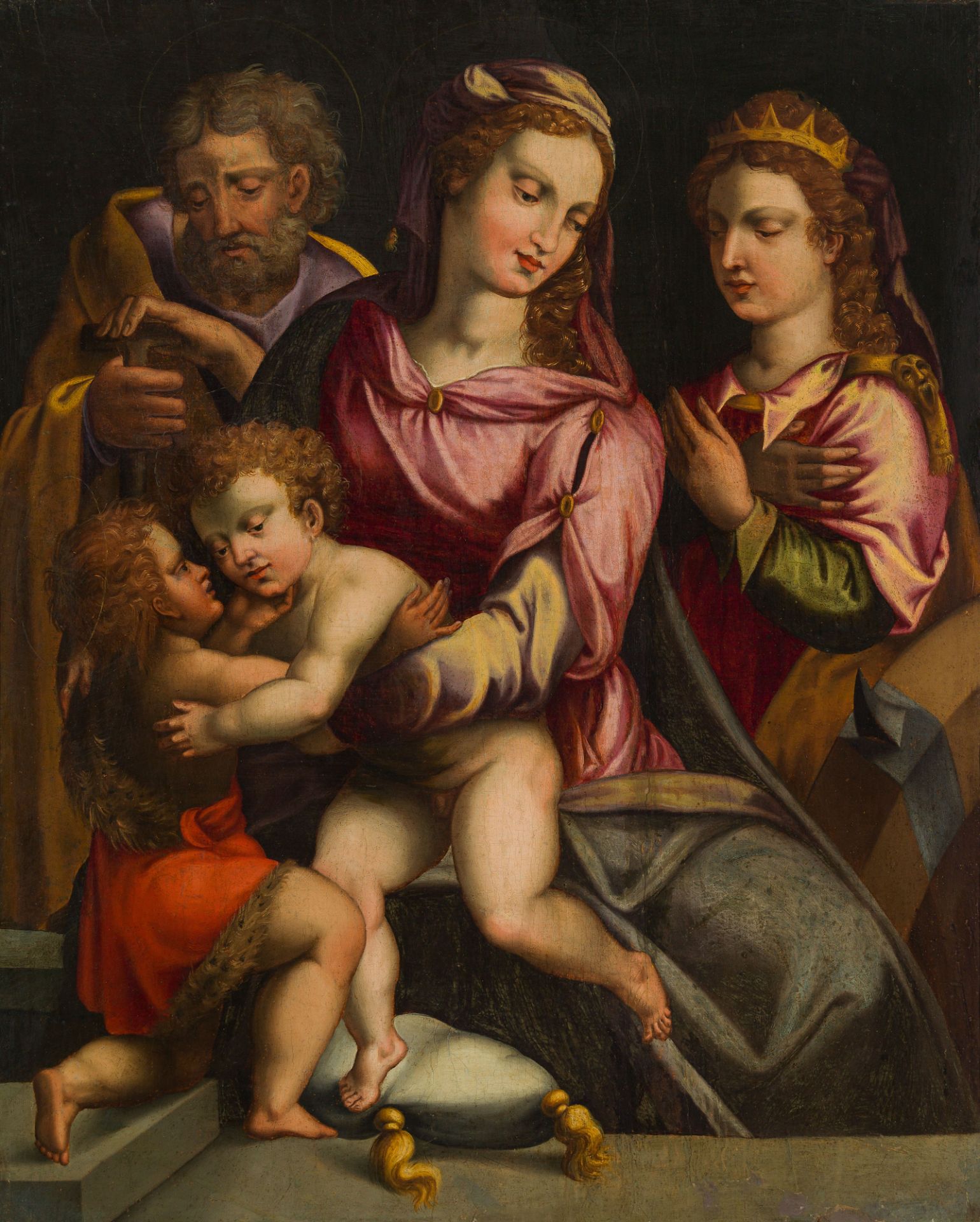 Studio of Francesco del Brina : Holy family with the Infant Saint John the Baptist and Saint Catheri