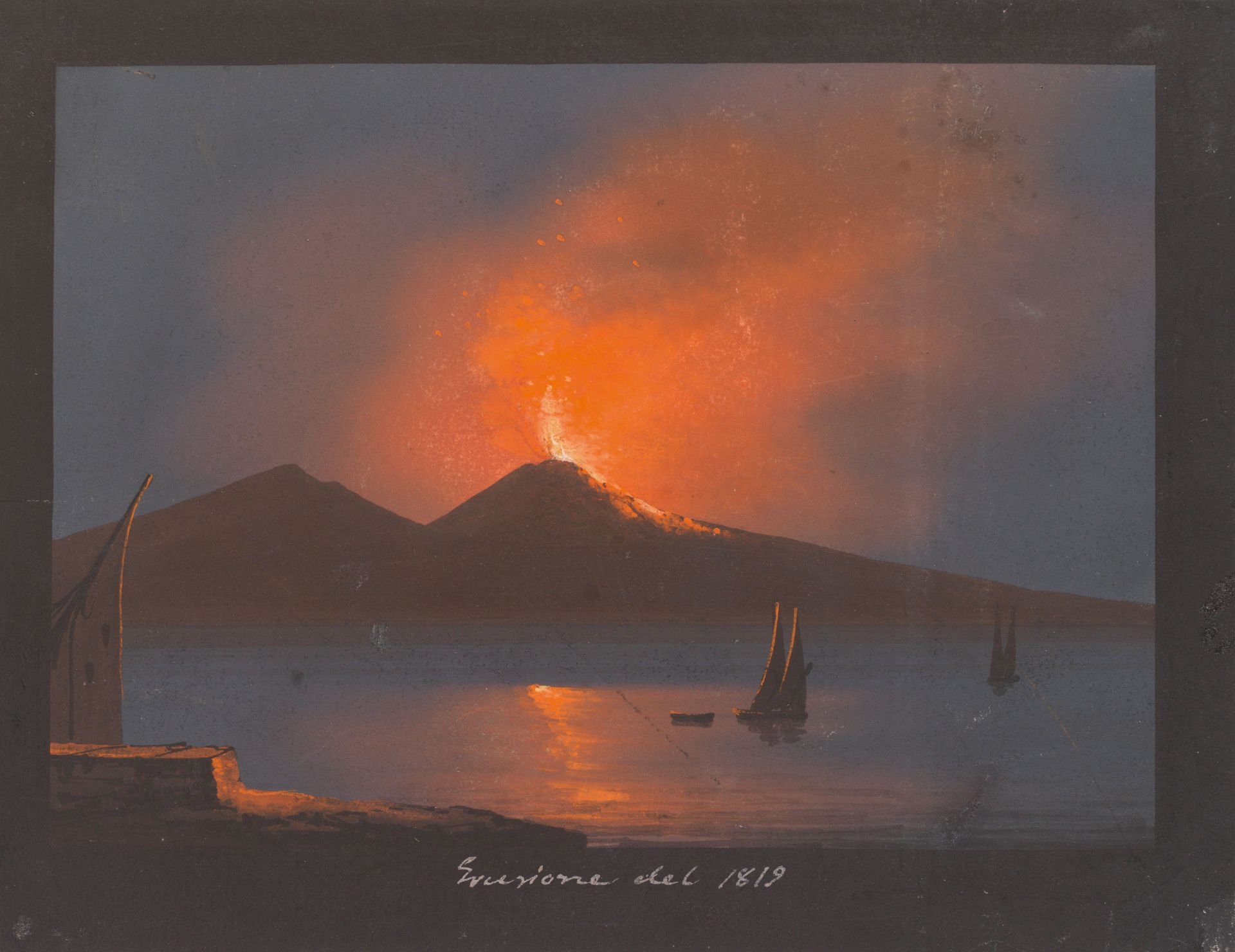 Artist of the 19th century: Mixed lot of 3 pieces.: Eruption of Vesuvius at night (1819, 1820, 1821)