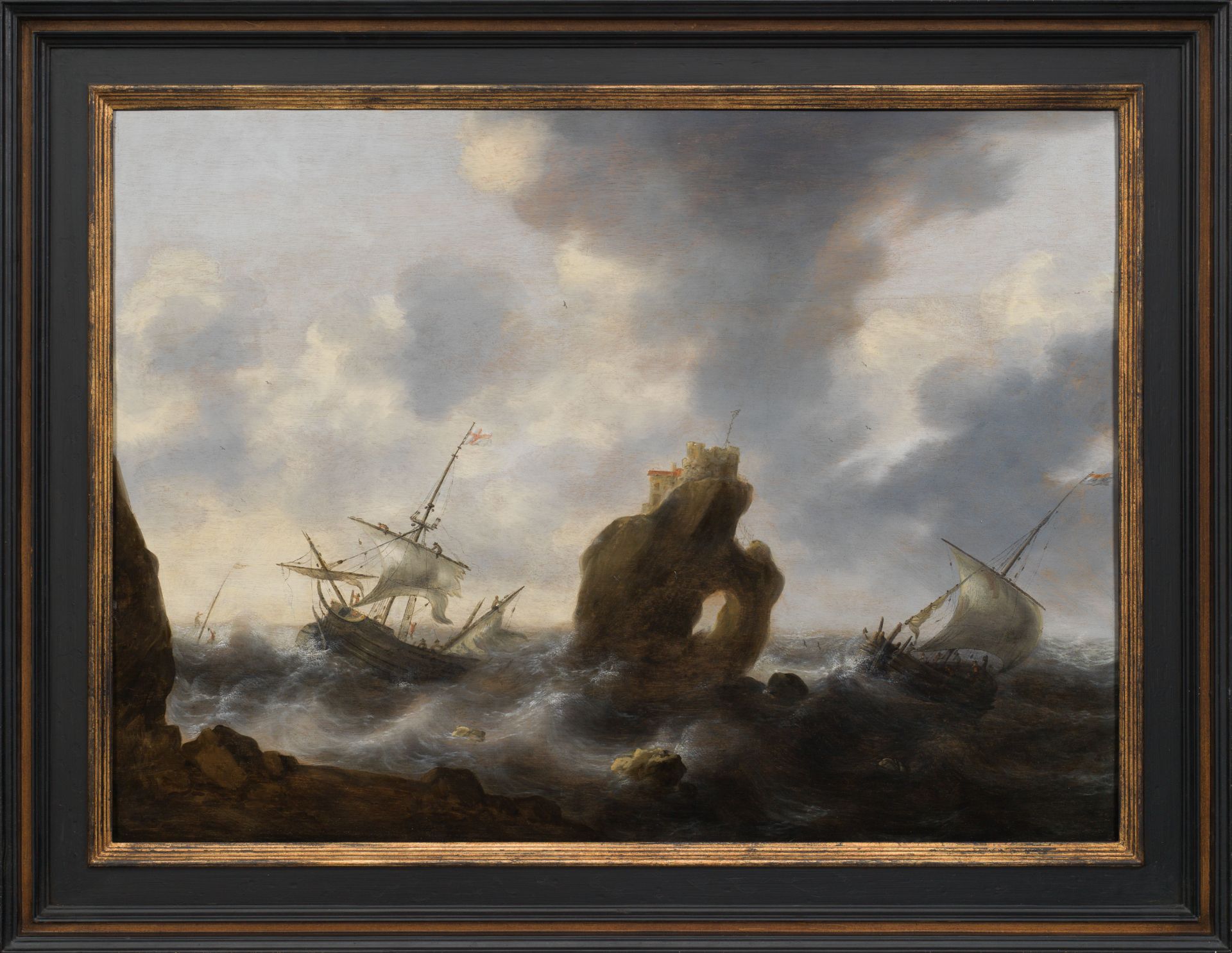 Jacob Adriaensz Bellevois : Coastal landscape with ships on a rough sea - Image 2 of 2