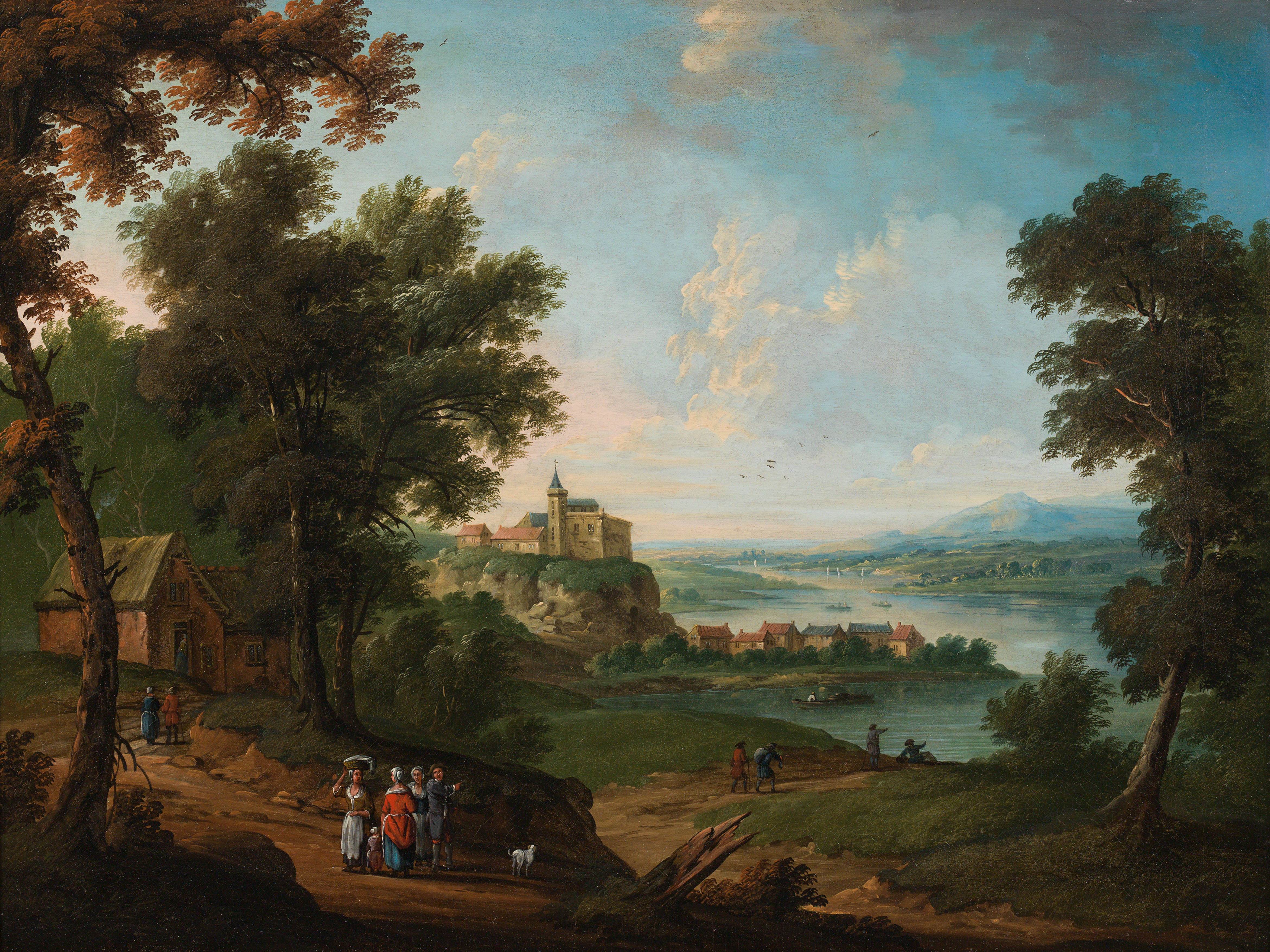 Jan Peeter van Bredael: Landscape with a view of a town on a watercourse