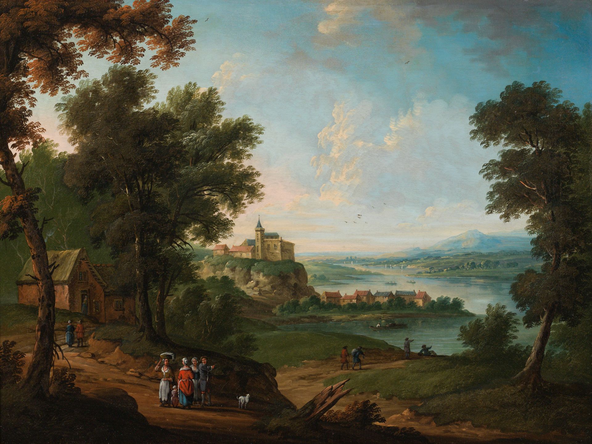 Jan Peeter van Bredael: Landschaft mit Blick auf eine Stadt am Gewässer