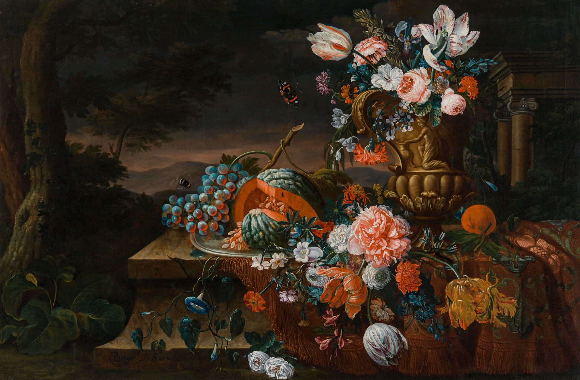 Abraham Brueghel: Still life of flowers and fruit in an Italian landscape