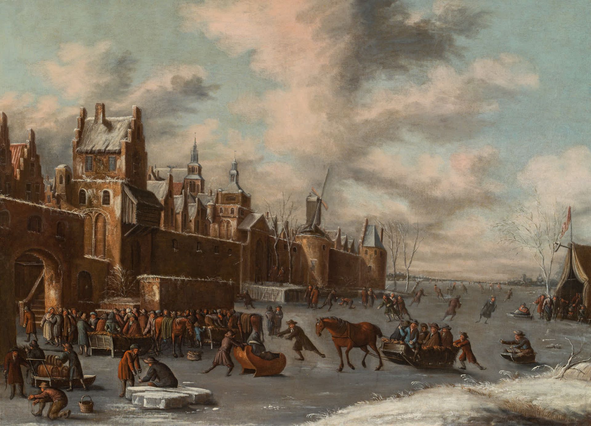 Attributed to Thomas Heeremans : Amusement on the ice in front of a city