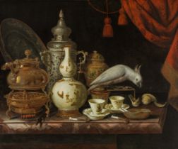 Pieter Gerritsz. van Roestraten: Stillleben mit Porzellan, Silber und Kakadu