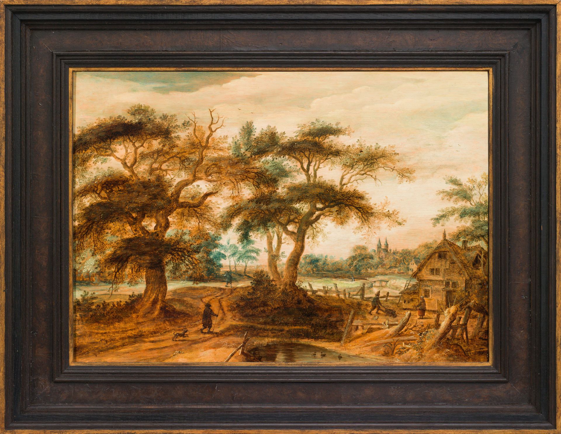 Mattheus Molanus: Forest landscape with farmhouse and view of a town - Image 2 of 2