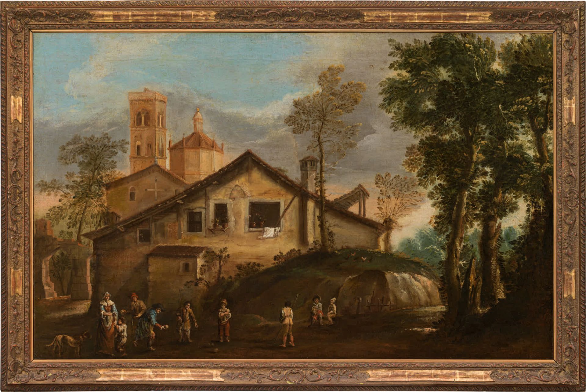 Venetian School: Boccia players in front of a village - Image 2 of 2