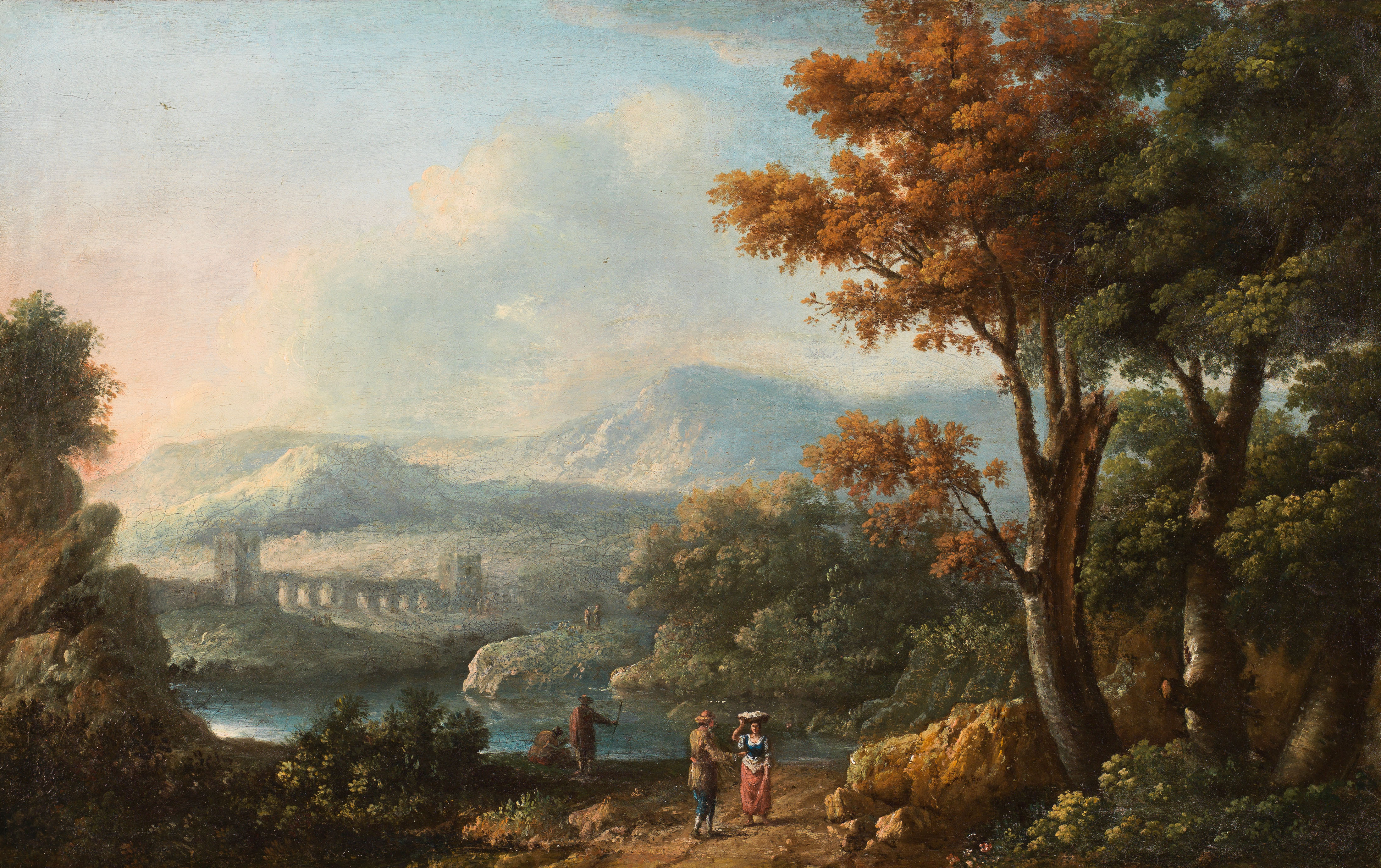 Italian School: Hiker and countrywoman in a southern landscape