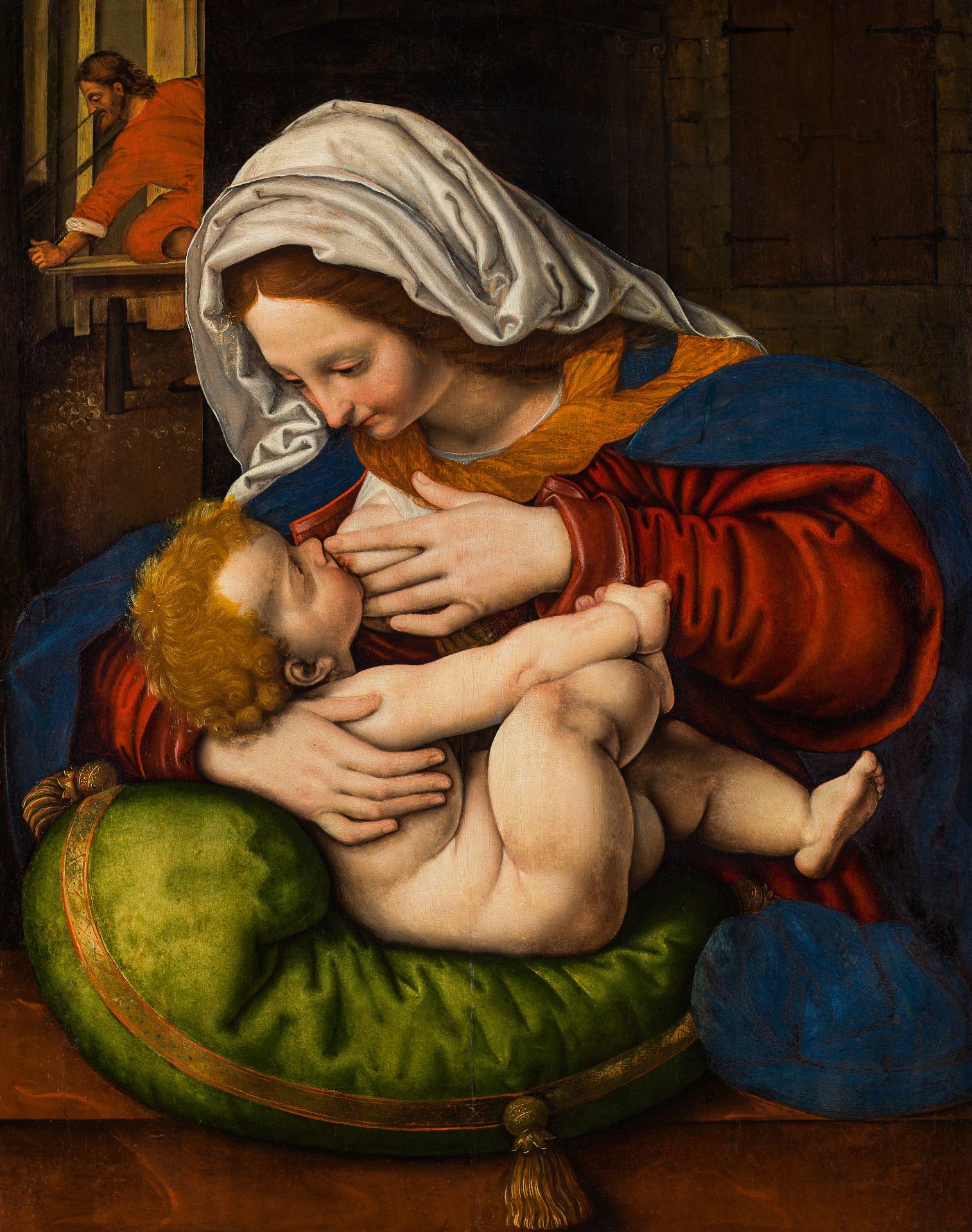 Andrea Solario Werkstatt: Madonna mit dem grünen Kissen, im Hintergrund der Hl. Joseph