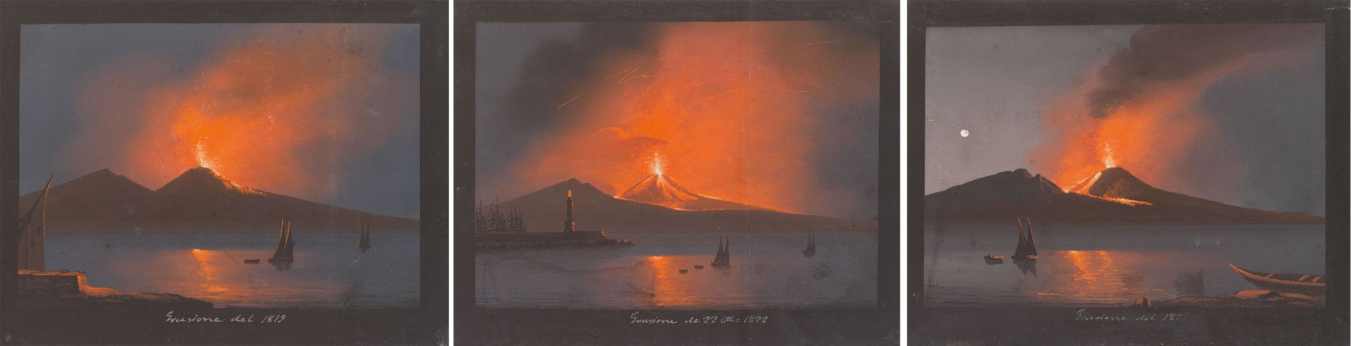 Artist of the 19th century: Mixed lot of 3 pieces.: Eruption of Vesuvius at night (1819, 1820, 1821) - Image 2 of 4