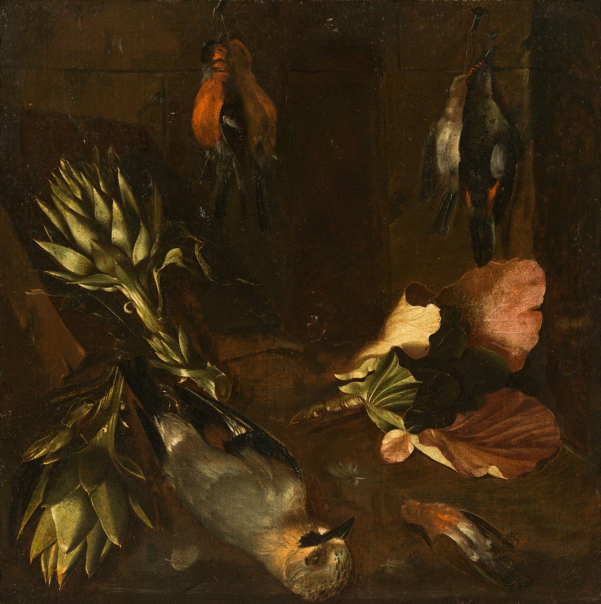 Circle of Philipp Ferdinand de Hamilton : Studies of birds and plants: A jay, bullfinches and artich