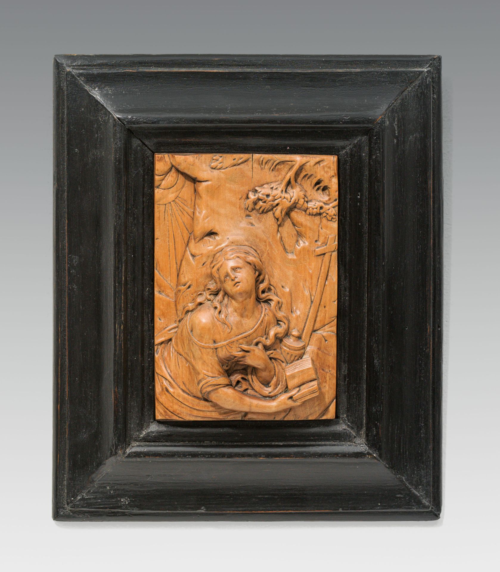 Follower of Christoph Daniel Schenk : Wooden relief with Mary Magdalene as a penitent