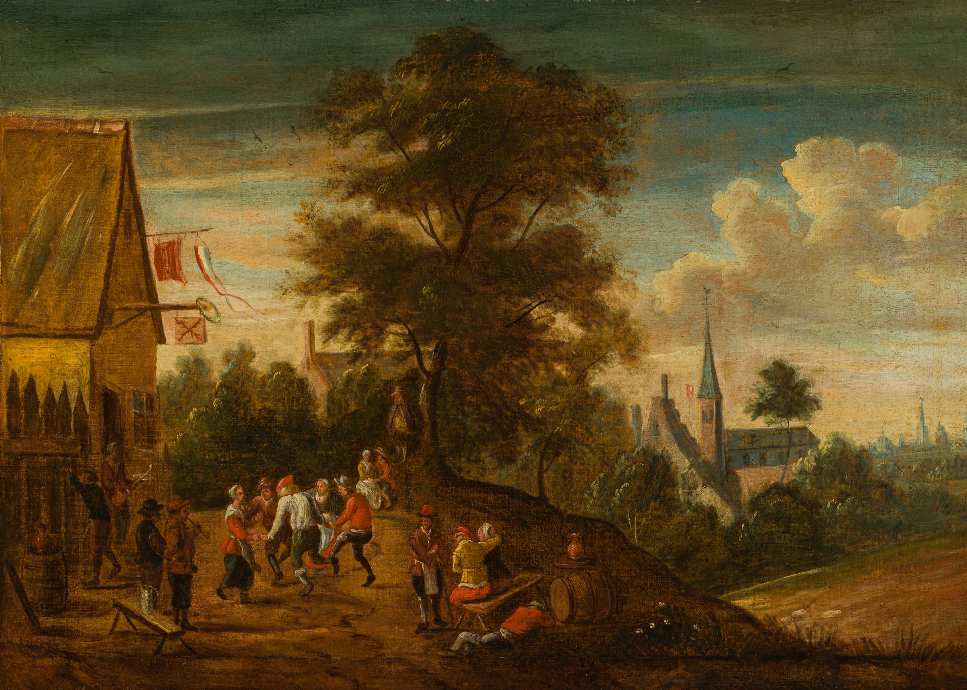 Flemish School: Peasants dancing in front of a city