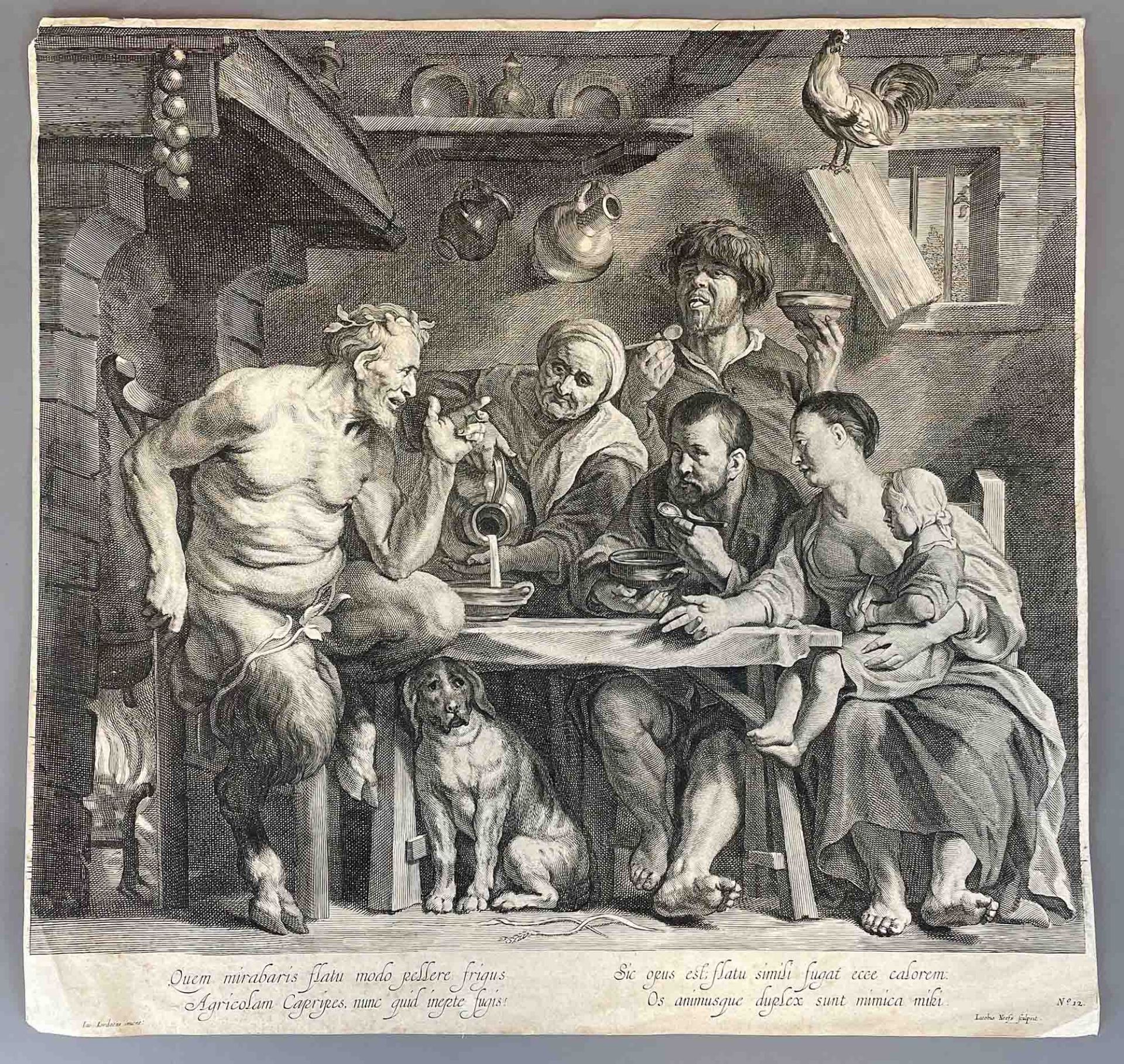 Jacobus NEEFS (1610 - 1660). Satyr, eine Bauernfamilie besuchend.