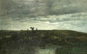 Franz BUNKE (1857 - 1939). Gewitterstimmung über norddeutscher Landschaft mit Mühle.