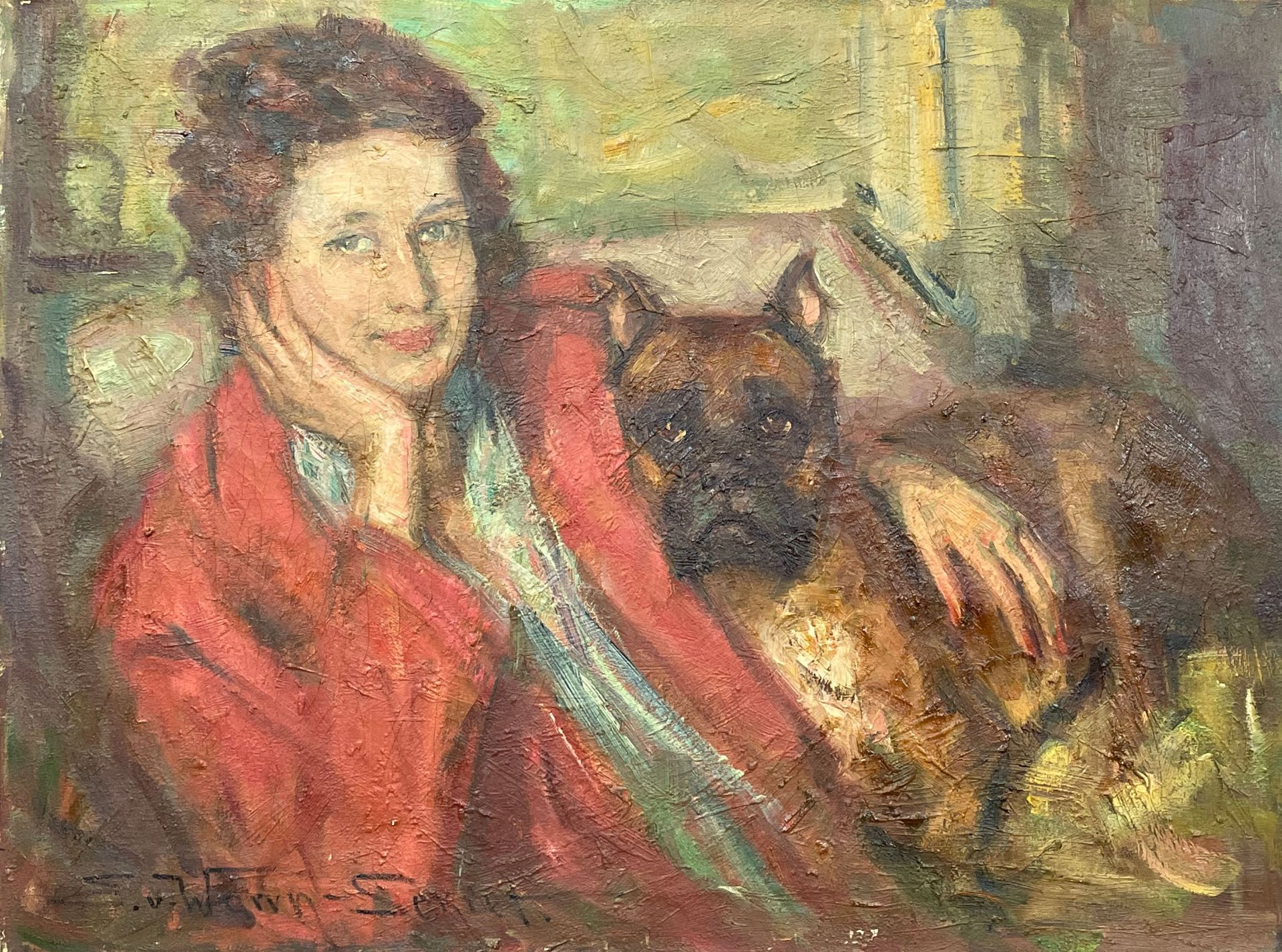Eugen VON WARUN-SEKRET (1896 - 1963). Junge Dame mit Boxer- Hund.