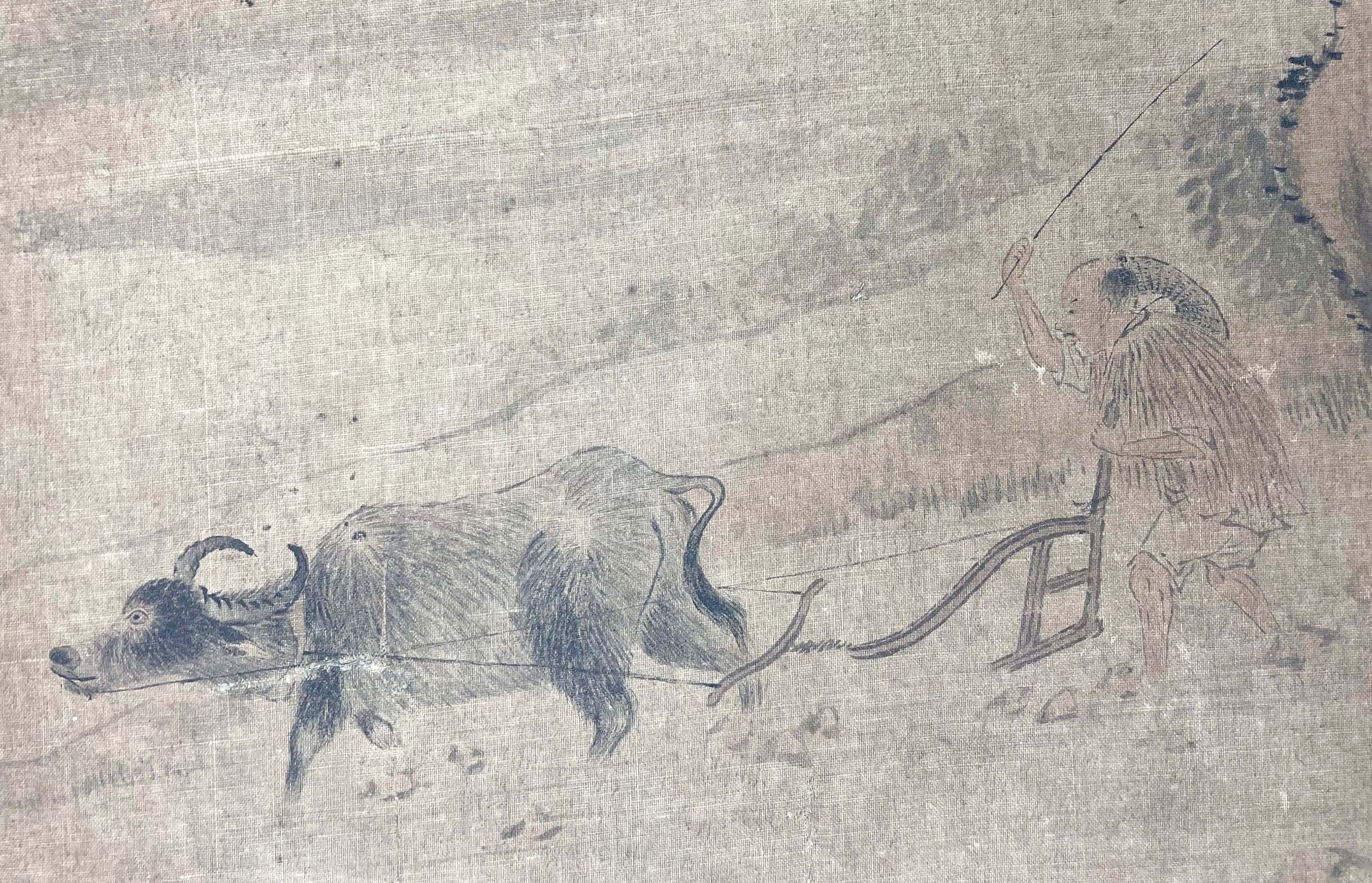 UNDEUTLICH SIGNIERT (XIX - XX). Chinesischer Bauer beim Pflügen. - Image 4 of 6