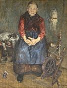 UNLESERLICH SIGNIERT (XIX - XX). Portrait einer alten Dame mit Spinnrad. Datiert 1924.