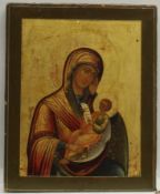 Ikone, Tempera auf Holz, "Muttergottes mit Kind", Russland 19. Jh., 22 x 18 cm, Sponki fehlt