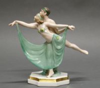 Porzellanfigur, "Art Deco Tanzpaar", Etikett Sitzendorf, 20. Jh., polychrom und goldstaffiert, 19 c