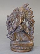 Bronze, "Ganesha vor Flammenaureole", Indien, neuzeitlich, braun patiniert, 15.6 cm hoch