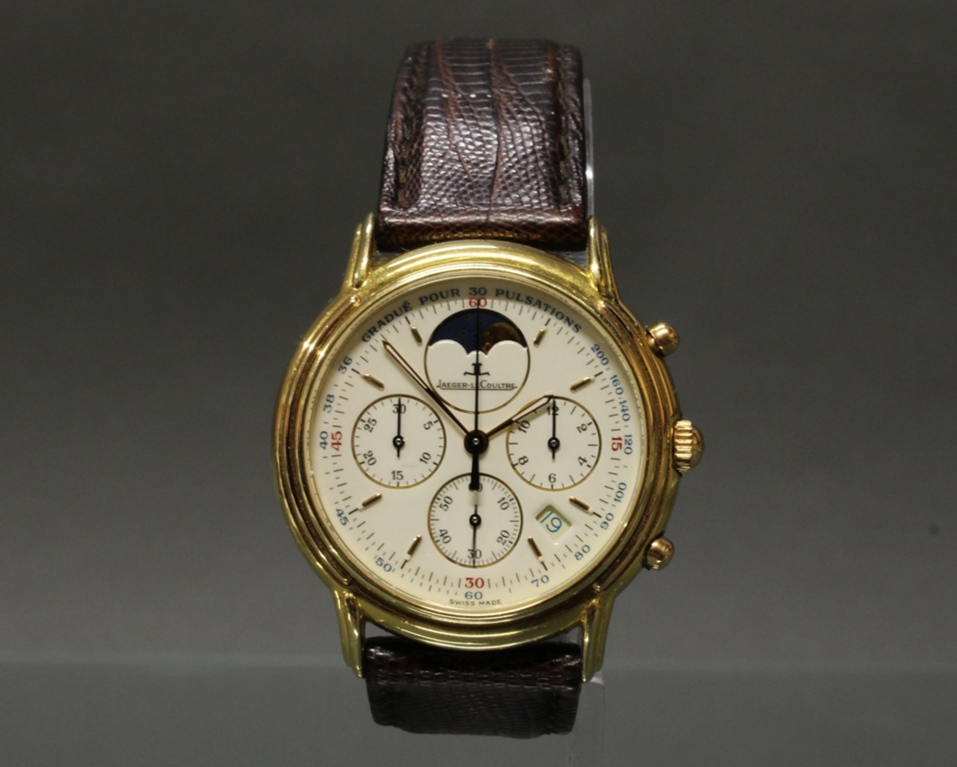 Herrenarmbanduhr, Jaeger LeCoultre, Modell Odysseus, Nr. 0125, Chronograph mit Mondphase, von 1996,