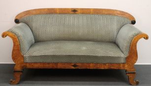 Sofa, Biedermeier, um 1825, Birke geflammt, ebonisierte Zierelemente, türkis-grüner Polsterbezug, 9