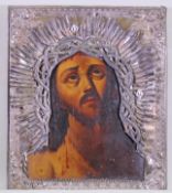 Ikone, Tempera auf Holz, "Christus mit der Dornenkrone", Silberoklad mit Punzen, Silberriza, Moskau