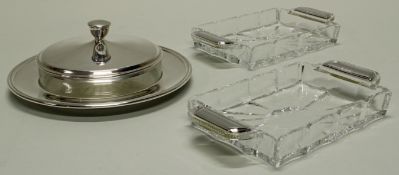 Deckelschale mit Unterteller, Paar Butterschalen, Silber 800, Gefäße aus Glas, 1x Deckel und Untert