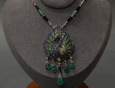 Collier, 'Pfau', WG 750, gelbe Brillanten zus. ca. 1.10 ct., blaue Saphire zus. ca. 2.62 ct., Tsavo