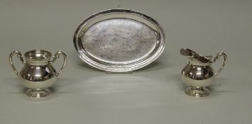Sahnegießer, Zuckertopf, Tablett, Silber 925, Peru, gebauchte Gefäße, 9-9.5 cm hoch, 20.5 x 14 cm, 