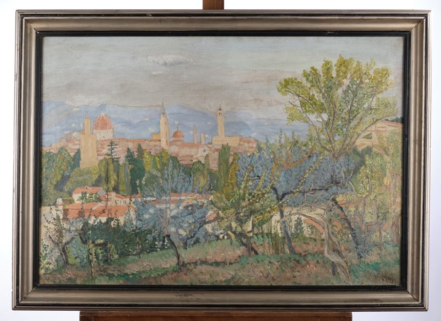 Französischer Meister (um 1910), "Blick von den Bardini Gärten auf Florenz", Öl auf Leinwand, Rests - Image 2 of 3