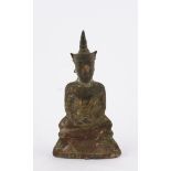 Buddha, Laos, 17. Jh., Bronze, Reste von Vergoldung, in Meditationssitz auf getrepptem Sockel, 13 c