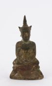 Buddha, Laos, 17. Jh., Bronze, Reste von Vergoldung, in Meditationssitz auf getrepptem Sockel, 13 c