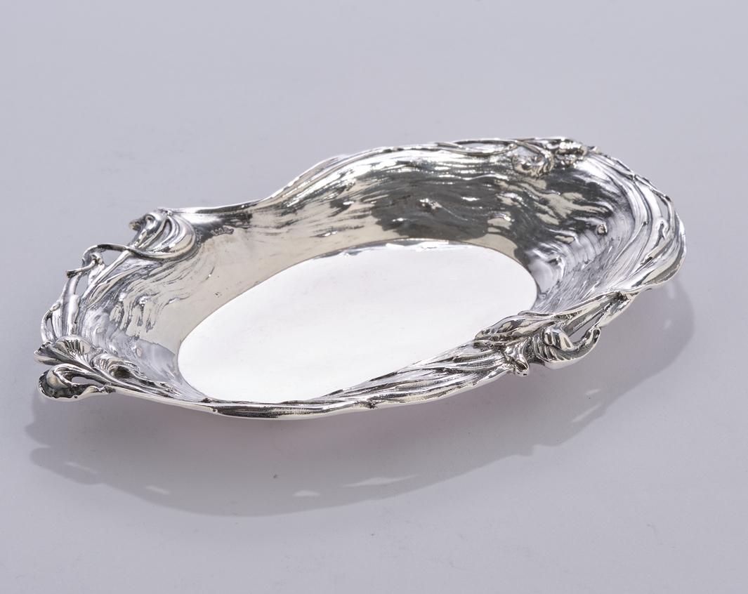 Ablageschale, Silber 800, floraler Jugendstil-Dekor, ovalförmig, 2 x 20 x 14 cm, ca. 160 g