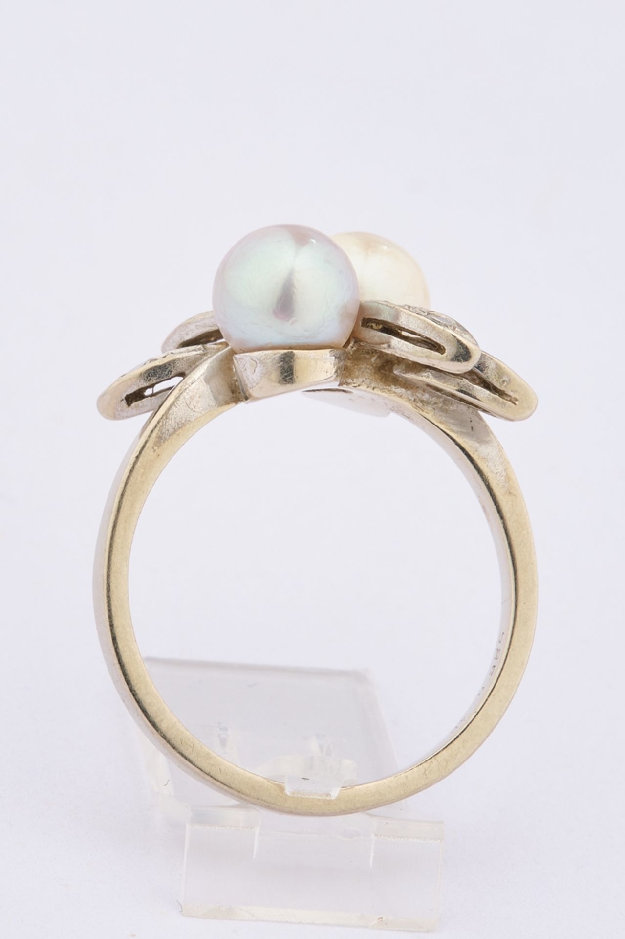 Ring, WG 585, 2 Perlen, Brillanten, in Blütenform, RM 18, 4.88 g - Image 2 of 4