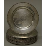 12 Teller, Silber 925, Gorham, Perlrand, Spiegel je graviert mit ligiertem Monogramm, ø 15.2 cm, zu