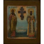 Staurothek-Ikone, Tempera auf Holz, Gelbgusskreuz, "Heilige Apostel Andreas und der Heilige Alexius