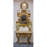 Außergewöhnliche barocke Spiegelkonsole, wohl 18. Jh., mehrteilig, Holz geschnitzt und vergoldet, s