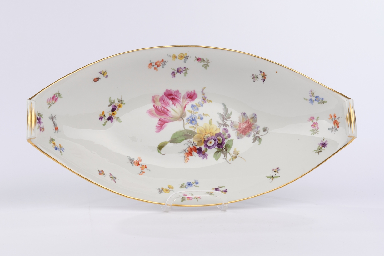 Schale, Meissen, Schwertermarke, 1850-1924, 1. Wahl, Blumen und Insekten, bunt, Goldrand, Schiffche