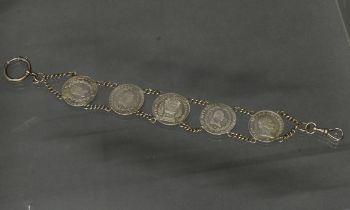 Münzarmband, Silber, 5 Silbermünzen, 25 cm lang, 46 g