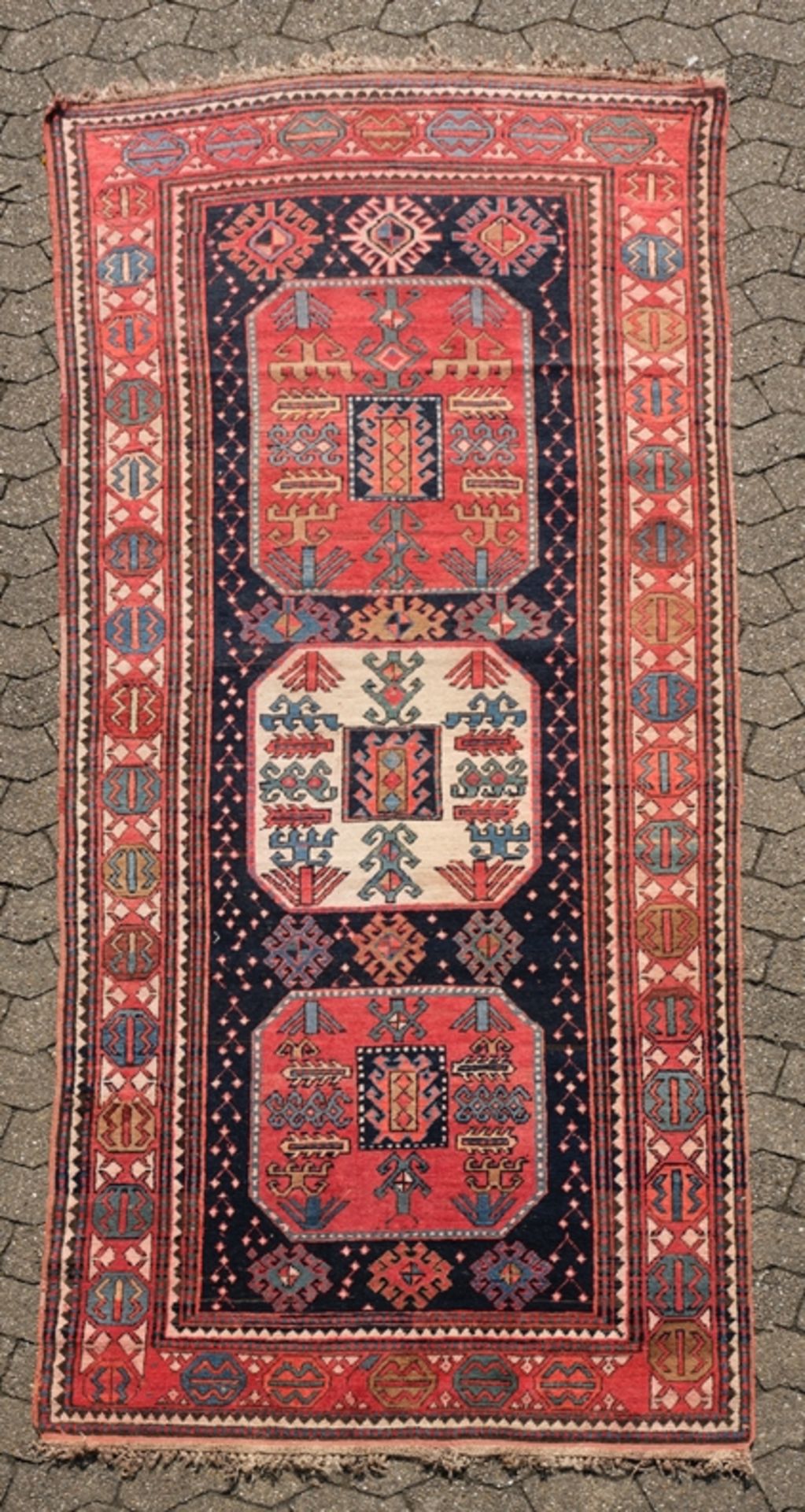 Kasak, Kaukasus, antik, Pflanzenfarben, 2.80 x 1.25 m, Gebrauchsspuren