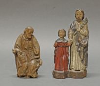 2 Skulpturen, Holz geschnitzt, "Christus und Josef", "Heiliger", wohl 18. Jh., 18 cm bzw. 23 cm hoc