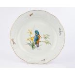 Platte, "Eisvogel", Meissen, Schwertermarke, 1850-1924, 2. Wahl, Osier, Vogel- und Insektenmalerei,