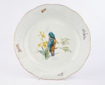 Platte, "Eisvogel", Meissen, Schwertermarke, 1850-1924, 2. Wahl, Osier, Vogel- und Insektenmalerei,